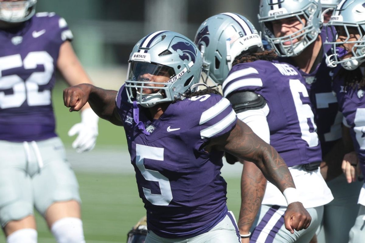 Kansas State Wildcats cornerback Justice Clemons (5) yells out after a play during the first half of the game against UCF Knights at Bill Snyder Family Stadium on Sept. 27, 2025.