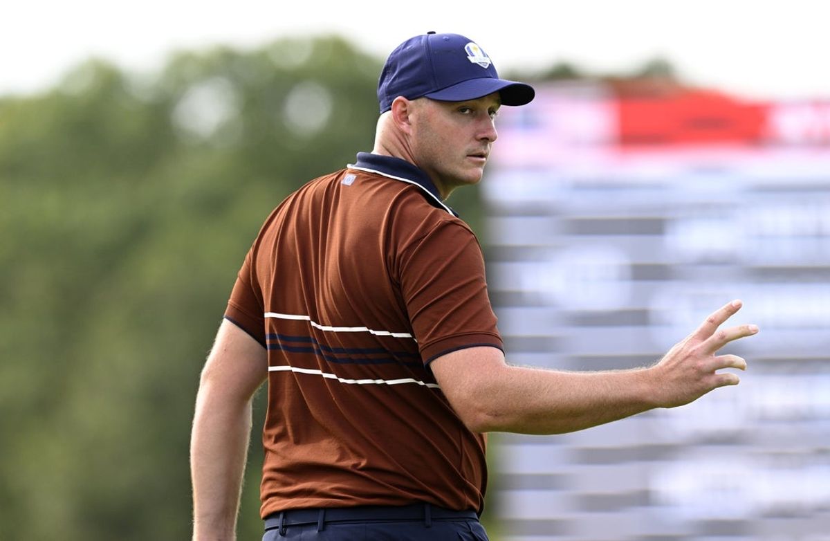 Sep 27, 2025; Bethpage, New York, USA; Team Europe golfer Sepp Straka reacts to a putt on the 11th hole on the penultimate day of competition for the Ryder Cup at Bethpage Black. Mandatory Credit: Dennis Schneidler-Imagn Images