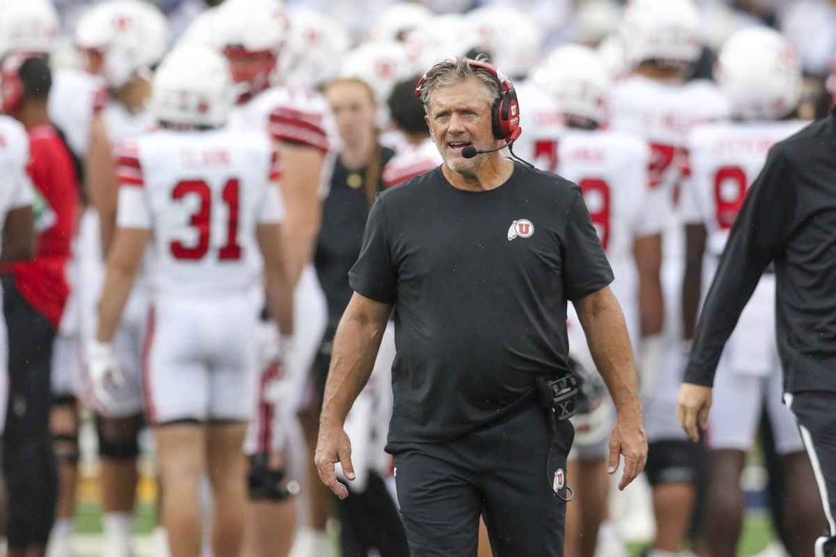 Sep 27, 2025; Morgantown, West Virginia, USA; Utah Utes head coach Kyle Whittingham walks along the sidelines during the second quarter against the West Virginia Mountaineers at Milan Puskar Stadium. Mandatory Credit: Ben Queen-Imagn Images