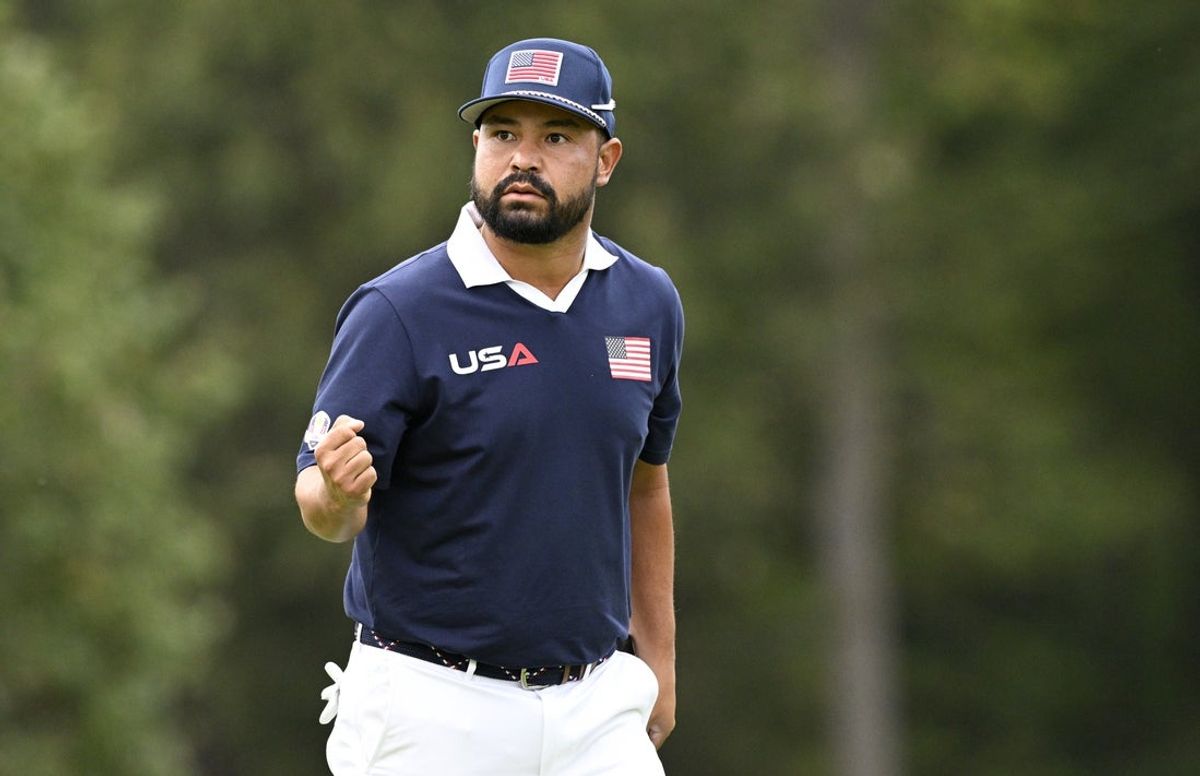 Sep 27, 2025; Bethpage, New York, USA; Team USA golfer J.J. Spaun reacts after making a putt on the 14th hole on the penultimate day of competition for the Ryder Cup at Bethpage Black. Mandatory Credit: Dennis Schneidler-Imagn Images