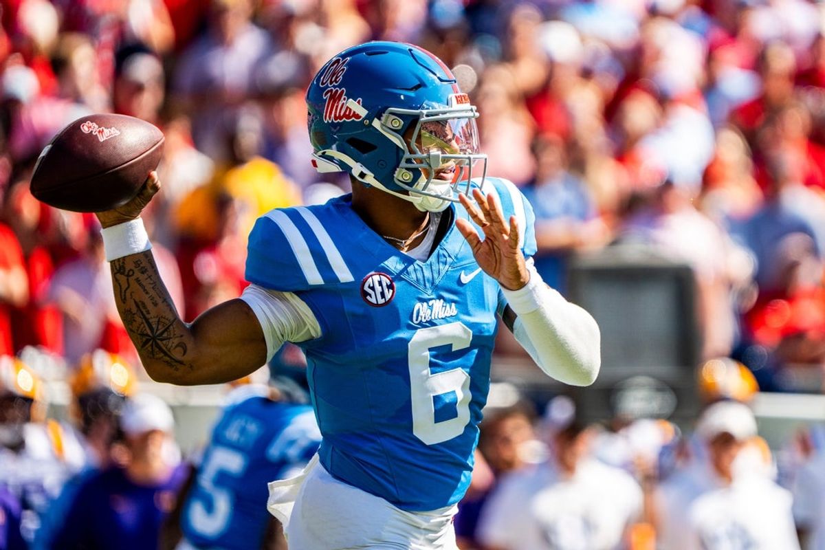 Ole Miss quarterback Trinidad Chambliss (6) passes the ball during a college football game between Ole Miss and LSU at Vaught-Hemingway Stadium in Oxford, Miss., on Saturday, Sept. 27, 2025.