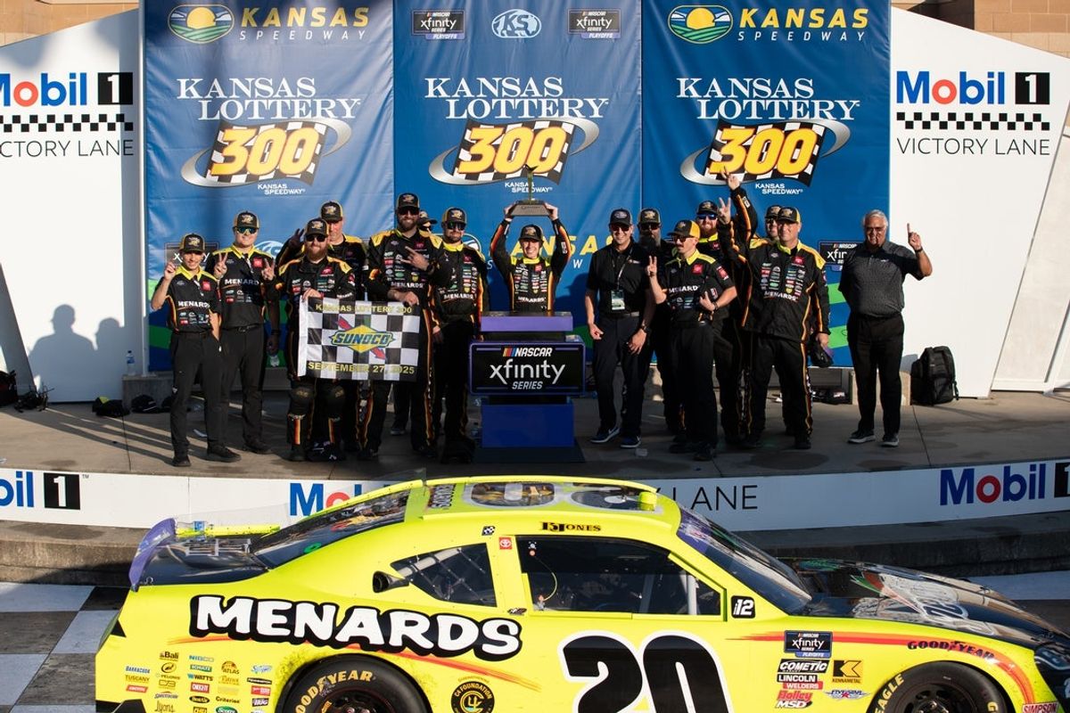 Sep 27, 2025; Kansas City, Kansas, USA; BrandonJones  celebrates wining the NASCAR Xfinity Series Playoff race at Kansas Speedway. Mandatory Credit: Kylie Graham-Imagn Images