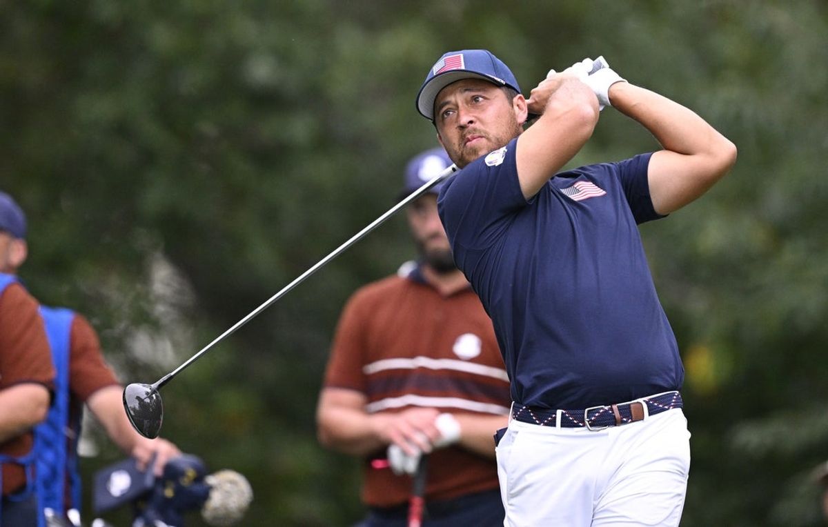 Sep 27, 2025; Bethpage, New York, USA; Team USA golfer Xander Schauffele on the 16th hole on the penultimate day of competition for the Ryder Cup at Bethpage Black. Mandatory Credit: Dennis Schneidler-Imagn Images