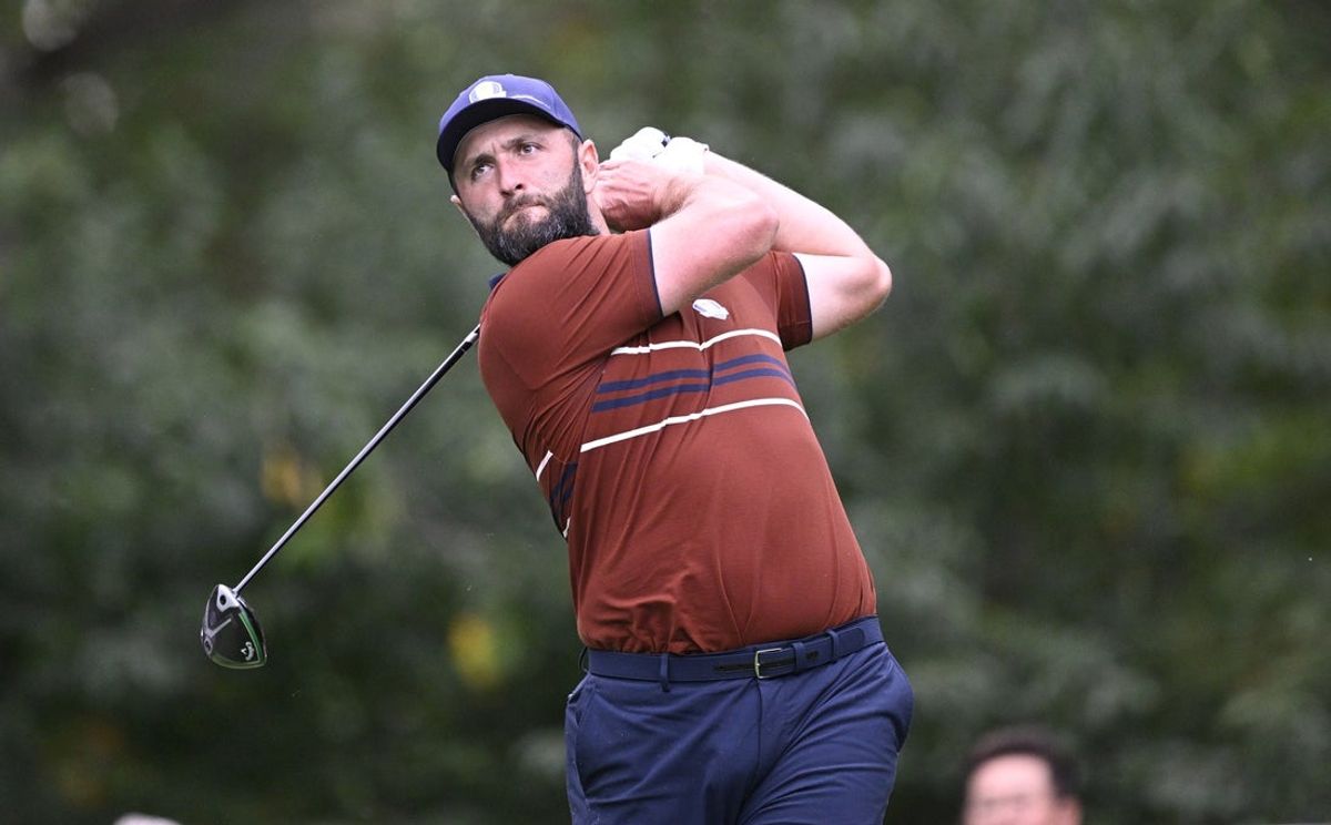 Sep 27, 2025; Bethpage, New York, USA; Team Europe golfer Jon Rahm on the 16th hole on the penultimate day of competition for the Ryder Cup at Bethpage Black. Mandatory Credit: Dennis Schneidler-Imagn Images