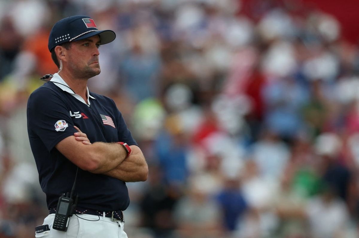 [US, Mexico & Canada customers only] Sep 27, 2025; Bethpage, New York, USA; Team USA captain Keegan Bradley looks dejected during the four-balls on the second day of competition for the Ryder Cup at Bethpage Black. Mandatory Credit: Paul Childs-Reuters via Imagn Images