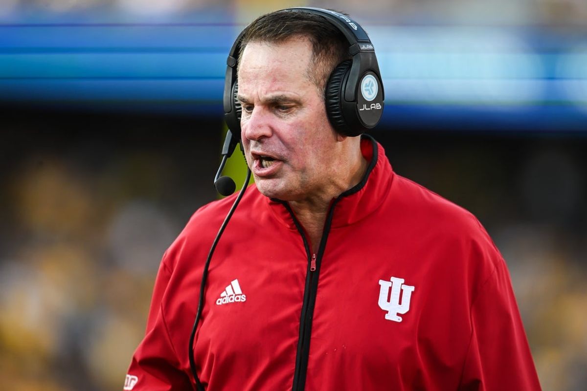 Sep 27, 2025; Iowa City, Iowa, USA; Indiana Hoosiers head coach Curt Cignetti looks on during the fourth quarter against the Iowa Hawkeyes at Kinnick Stadium. Mandatory Credit: Jeffrey Becker-Imagn Images