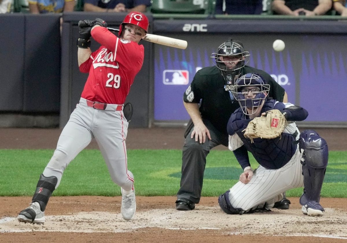 Cincinnati Reds outfielder TJ Friedl (29) hits a two-run single during the third inning of their game against the Milwaukee Brewers Saturday, September 27, 2025 at American Family Field in Milwaukee, Wisconsin.