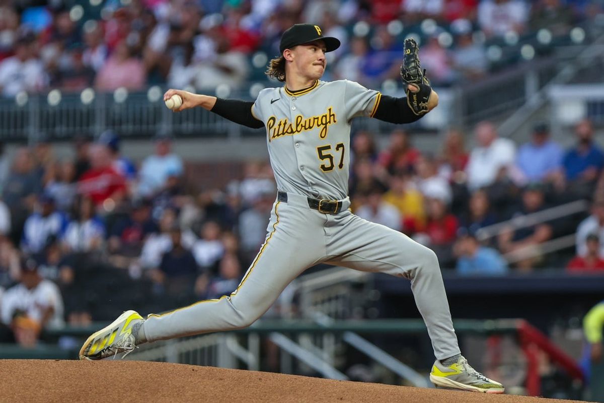 Sep 27, 2025; Cumberland, Georgia, USA; Pittsburgh Pirates pitcher Bubba Chandler (57) pitches the ball against the Atlanta Braves during the first inning at Truist Park. Mandatory Credit: Jordan Godfree-Imagn Images
