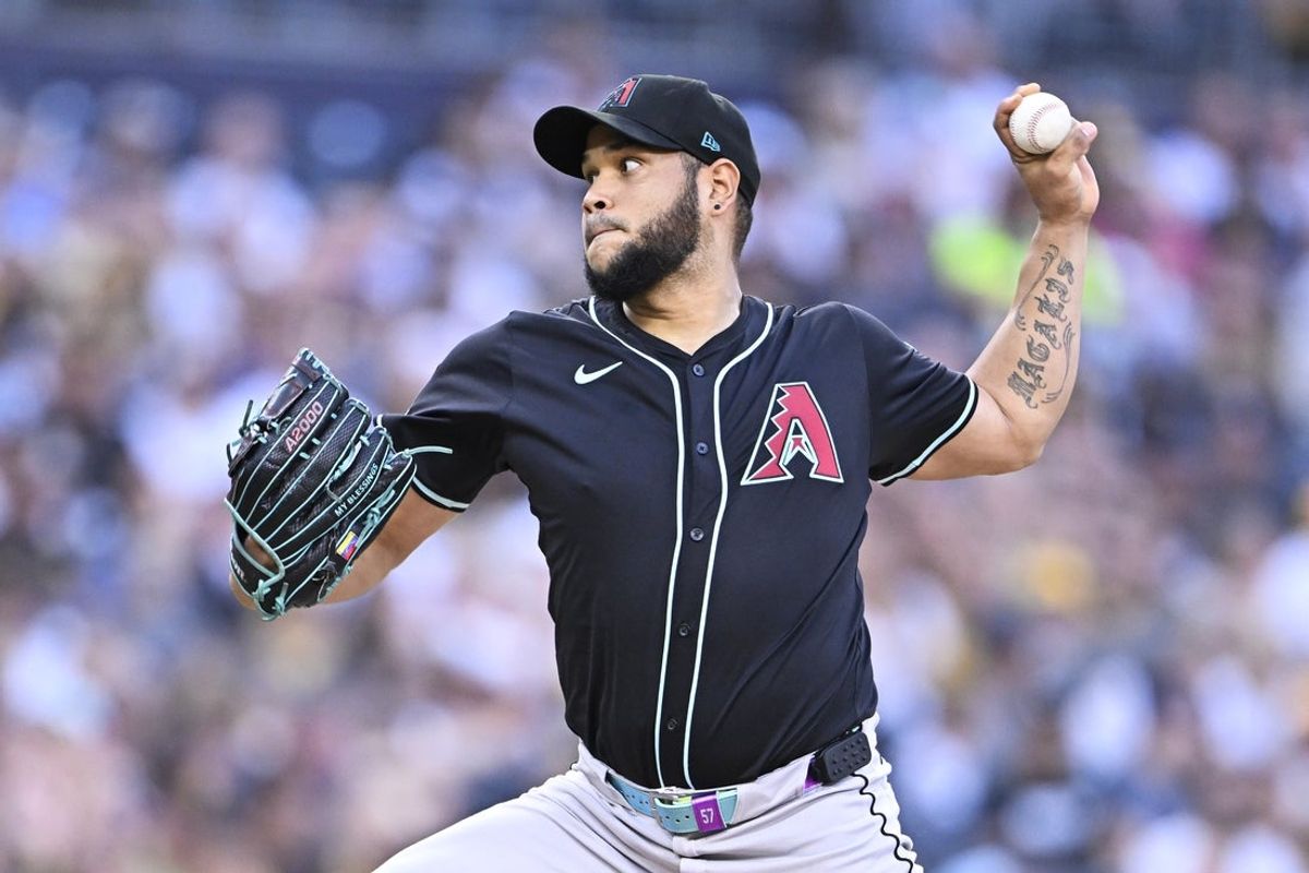 Sep 27, 2025; San Diego, California, USA; Arizona Diamondbacks starting pitcher Eduardo Rodriguez (57) delivers during the second inning against the Arizona Diamondbacks at Petco Park. Mandatory Credit: Denis Poroy-Imagn Images