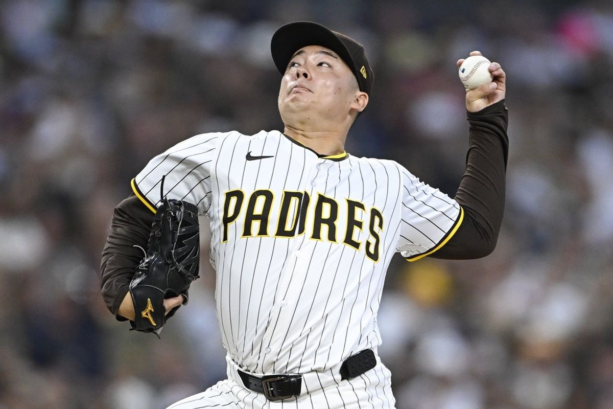 Sep 27, 2025; San Diego, California, USA; San Diego Padres relief pitcher Yuki Matsui (1) delivers during the third inning against the Arizona Diamondbacks at Petco Park. Mandatory Credit: Denis Poroy-Imagn Images
