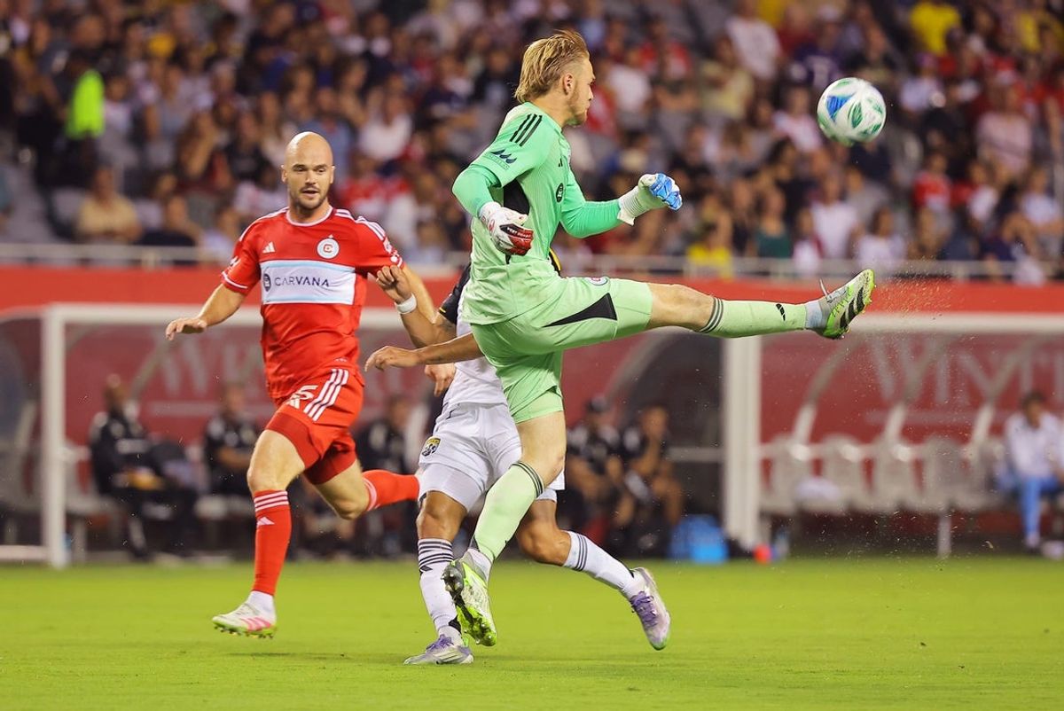 Sep 27, 2025; Chicago, Illinois, USA; Chicago Fire goalkeeper Chris Brady (1) kicks the ball during the first half of a match at Soldier Field. Mandatory Credit: Melissa Tamez-Imagn Images