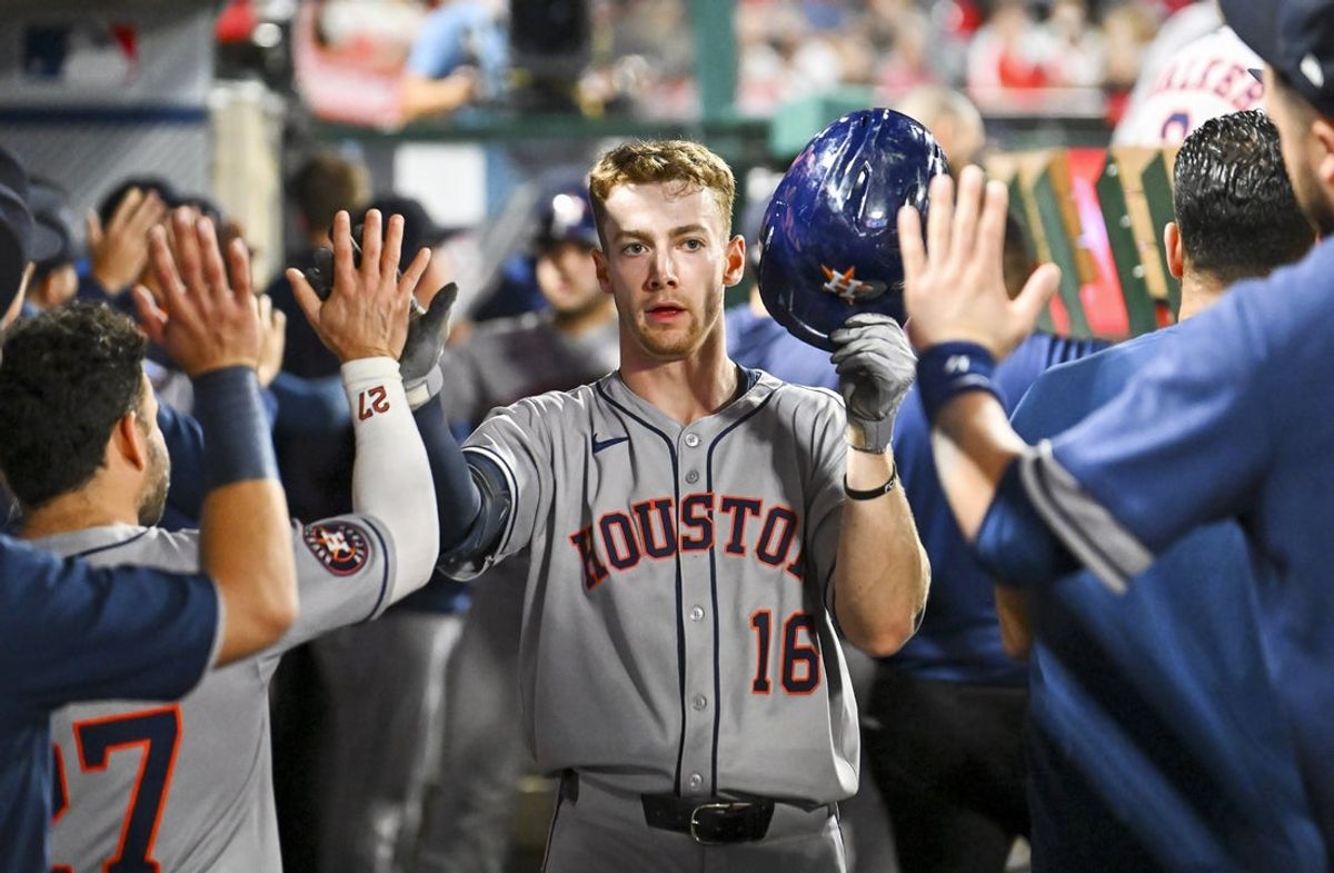 Sep 27, 2025; Anaheim, California, USA; Houston Astros outfielder Zach Cole (16) celebrates with teammates after hitting a two run home run against the Los Angeles Angels during the second inning at Angel Stadium. Mandatory Credit: Jonathan Hui-Imagn Images