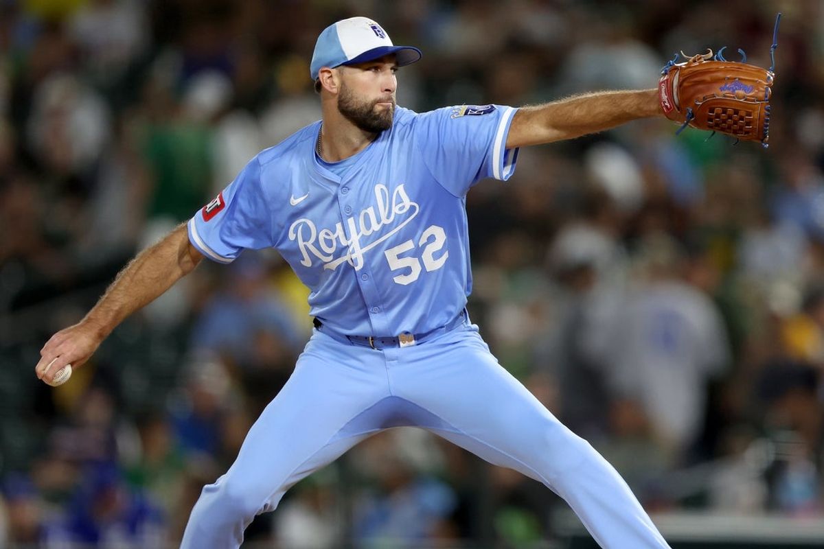 Sep 27, 2025; West Sacramento, California, USA; Kansas City Royals starting pitcher Michael Wacha (52) throws a pitch against the Athletics during the first inning at Sutter Health Park. Mandatory Credit: Dennis Lee-Imagn Images