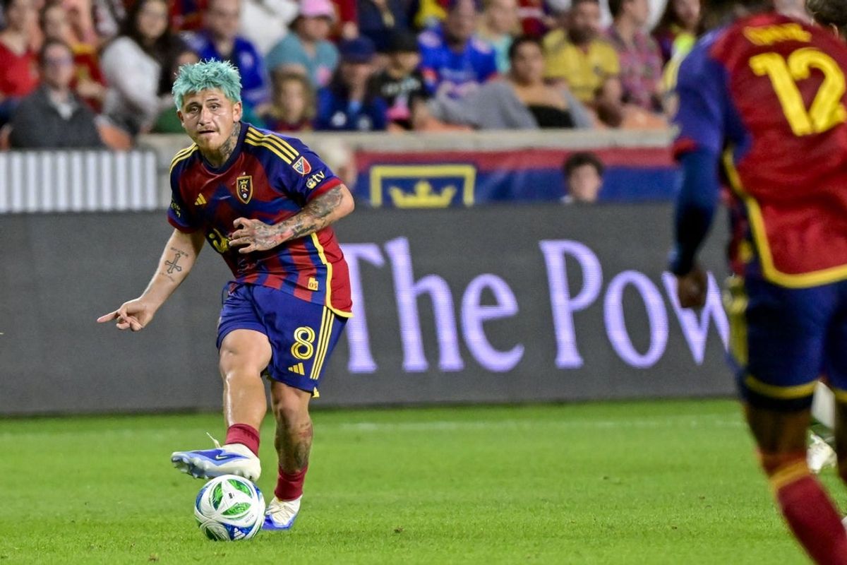 Sep 19, 2025; Sandy, Utah, USA; Real Salt Lake midfielder Diego Luna (8) makes a cross pass during the first half against the Austin FC at America First Field. Mandatory Credit: Peter Creveling-Imagn Images