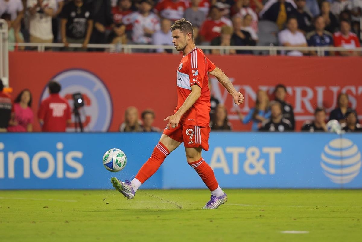 Sep 27, 2025; Chicago, Illinois, USA; Chicago Fire forward Hugo Cuypers (9) kicks the ball during the second half a match against the Columbus Crew at Soldier Field. Mandatory Credit: Melissa Tamez-Imagn Images