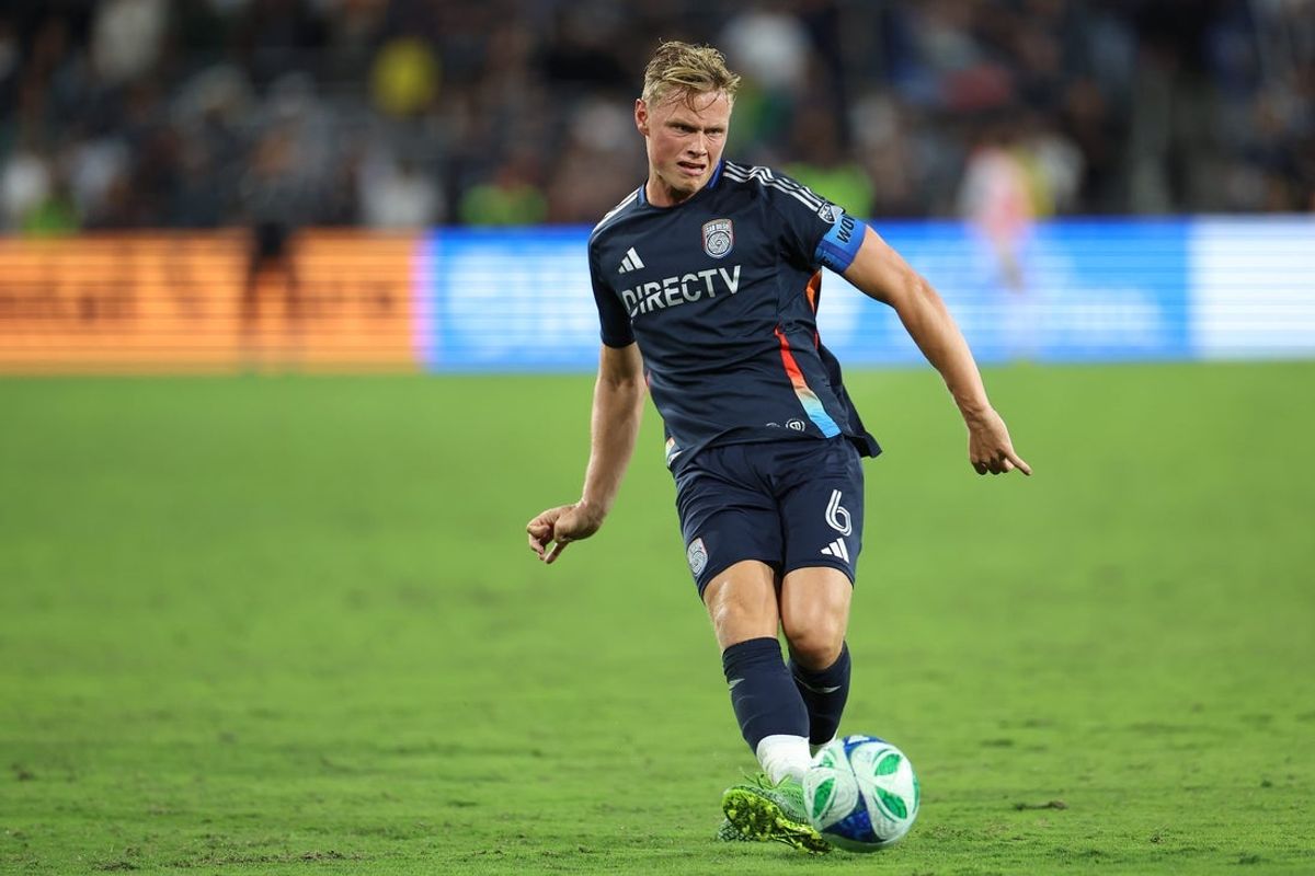 Sep 27, 2025; San Diego, California, USA; San Diego FC defender Jeppe Tverskov (6) passes the ball against the San Jose Earthquakes during the second half at Snapdragon Stadium. Mandatory Credit: Abe Arredondo-Imagn Images