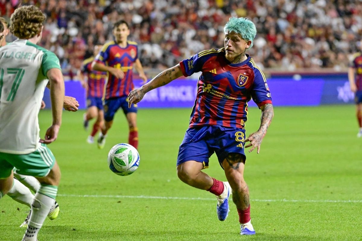 Sep 27, 2025; Sandy, Utah, USA; Real Salt Lake midfielder Diego Luna (8) controls the ball in front of Austin FC midfielder Jon Gallagher (17) during the first half at America First Field. Mandatory Credit: Peter Creveling-Imagn Images