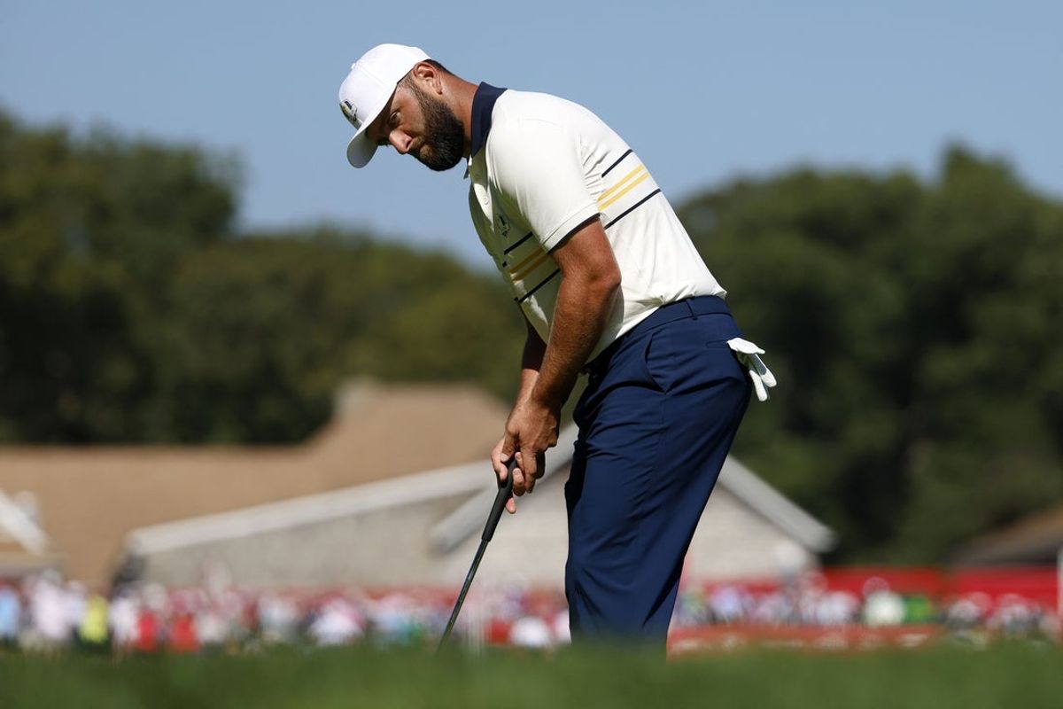 Sep 28, 2025; Bethpage, New York, USA; Team Europe golfer Jon Rahm plays the third hole on the final day of competition for the Ryder Cup at Bethpage Black. Mandatory Credit: Peter Casey-Imagn Images