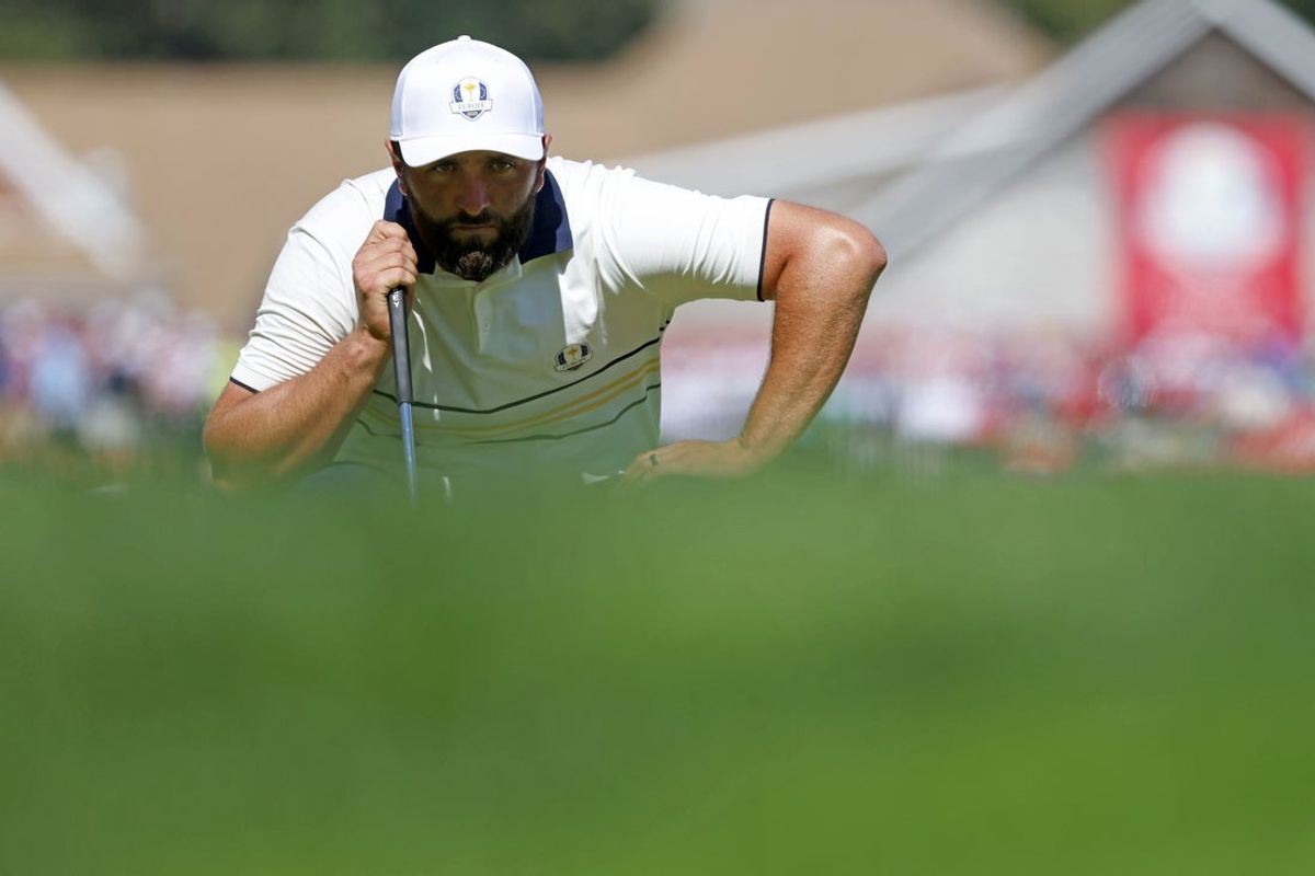 Sep 28, 2025; Bethpage, New York, USA; Team Europe golfer Jon Rahm plays the third hole on the final day of competition for the Ryder Cup at Bethpage Black. Mandatory Credit: Peter Casey-Imagn Images