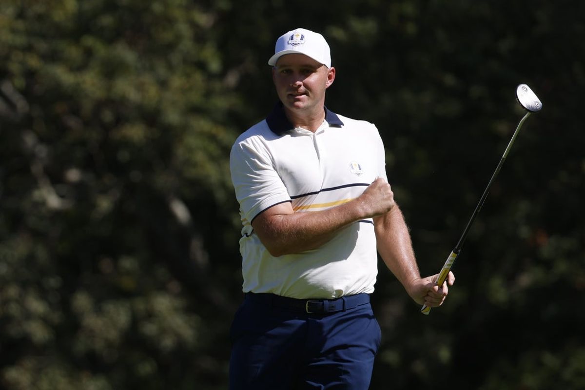 Sep 28, 2025; Bethpage, New York, USA; Team Europe golfer Sepp Straka reacts after a putt on the third hole on the final day of competition for the Ryder Cup at Bethpage Black. Mandatory Credit: Peter Casey-Imagn Images