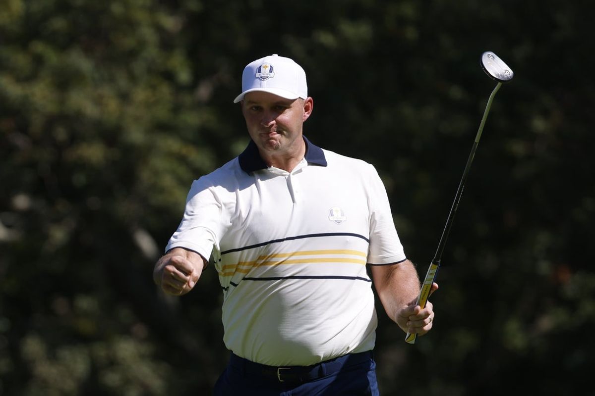 Sep 28, 2025; Bethpage, New York, USA; Team Europe golfer Sepp Straka reacts after a putt on the third hole on the final day of competition for the Ryder Cup at Bethpage Black. Mandatory Credit: Peter Casey-Imagn Images