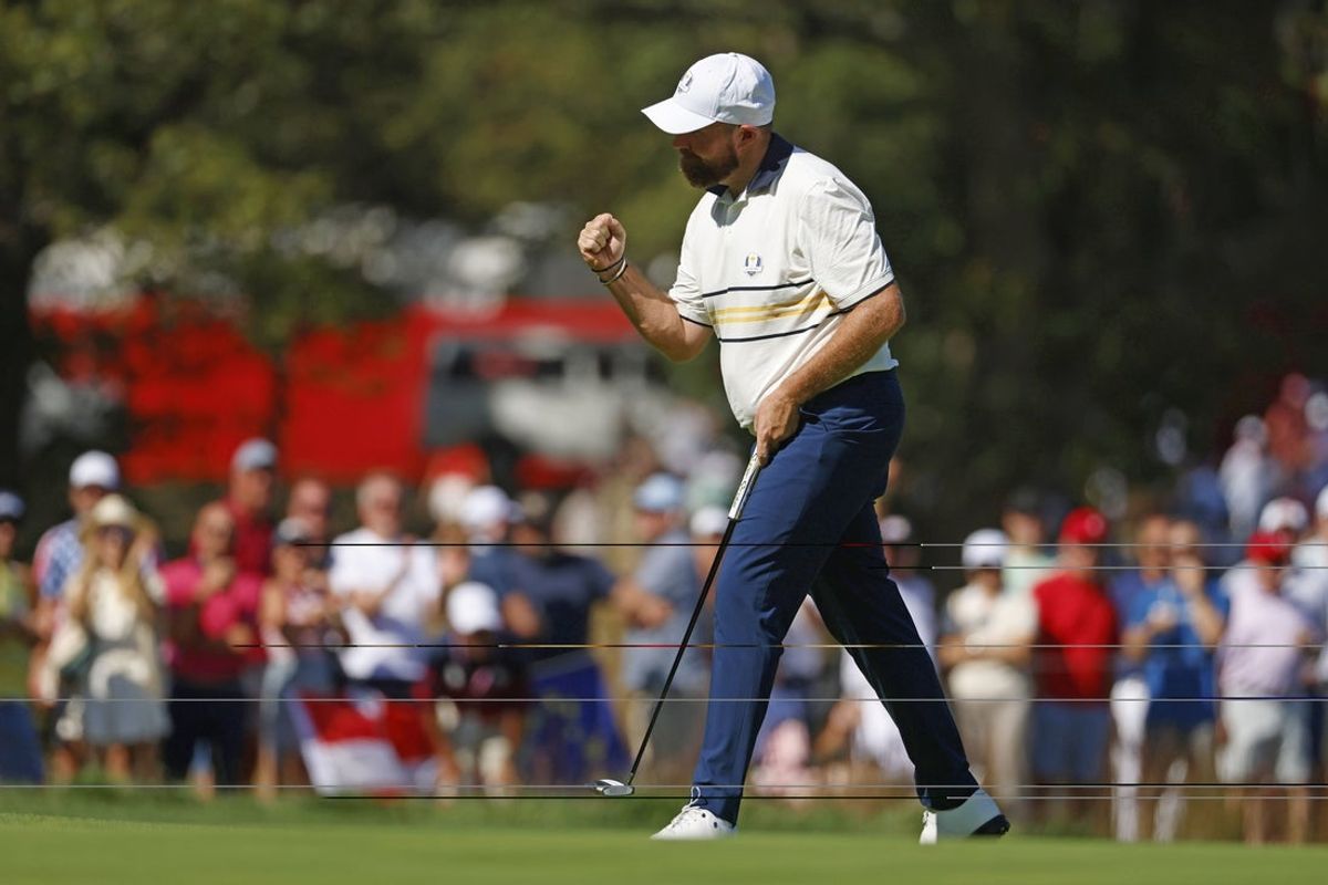 Sep 28, 2025; Bethpage, New York, USA; Team Europe golfer Shane Lowry reacts on the third hole on the final day of competition for the Ryder Cup at Bethpage Black. Mandatory Credit: Peter Casey-Imagn Images