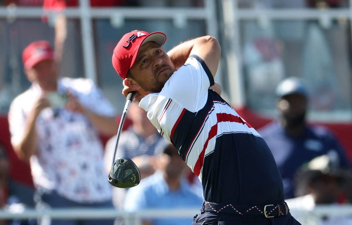 [US, Mexico & Canada customers only] Sep 28, 2025; Bethpage, New York, USA;Team USA's Xander Schauffele hits his tee shot on the 1st hole during the singles  on the final day of competition for the Ryder Cup at Bethpage Black. Mandatory Credit: Brendan Mcdermid-Reuters via Imagn Images