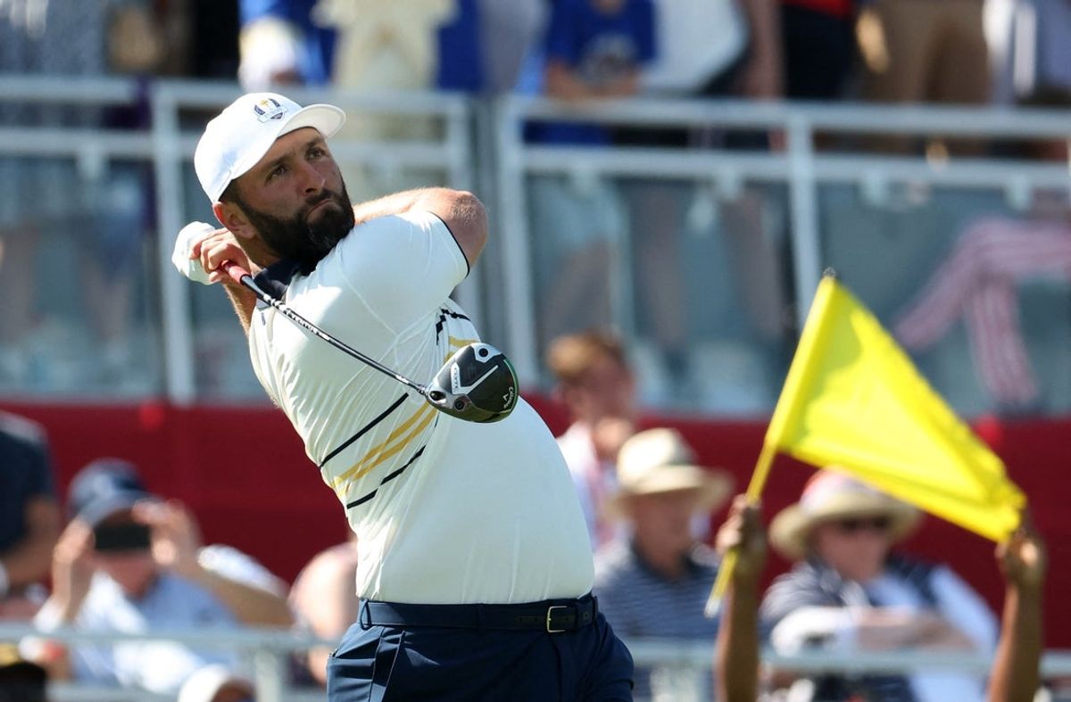 [US, Mexico & Canada customers only] Sep 28, 2025; Bethpage, New York, USA; Team Europe's Jon Rahm hits his tee shot on the 1st hole during the singles on the final day of competition for the Ryder Cup at Bethpage Black. Mandatory Credit: Brendan Mcdermid-Reuters via Imagn Images