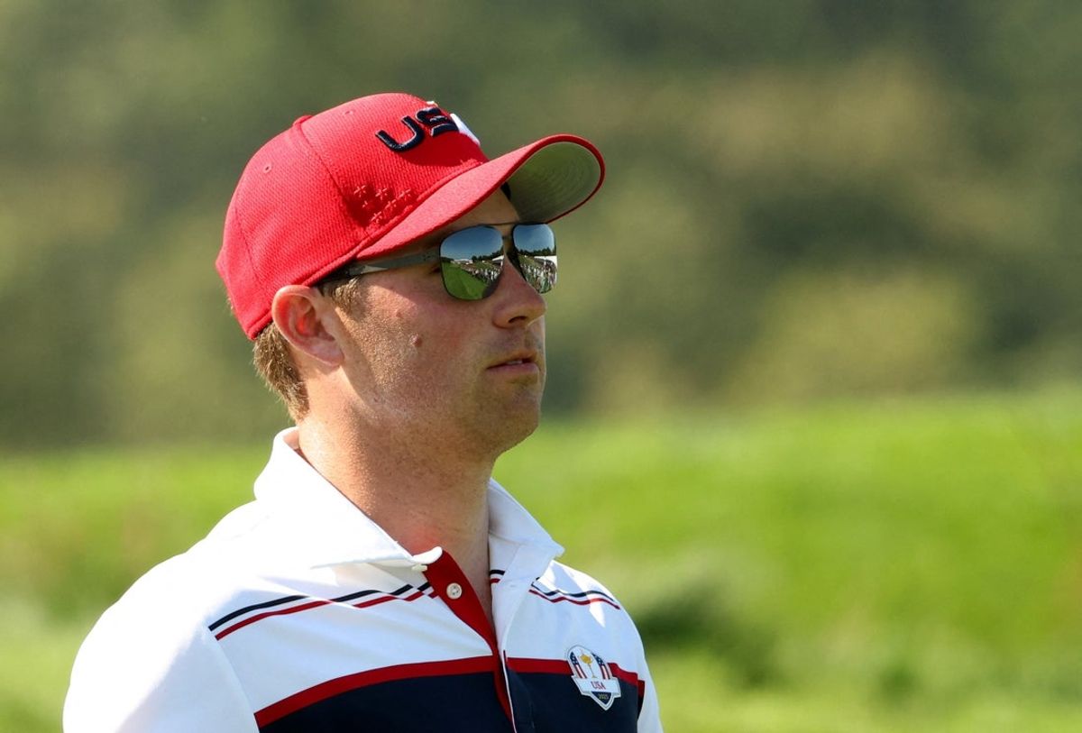 [US, Mexico & Canada customers only] Sep 28, 2025; Bethpage, New York, USA; Team USA's Ben Griffin on the 1st hole during the singles on the final day of competition for the Ryder Cup at Bethpage Black. Mandatory Credit: Brendan Mcdermid-Reuters via Imagn Images