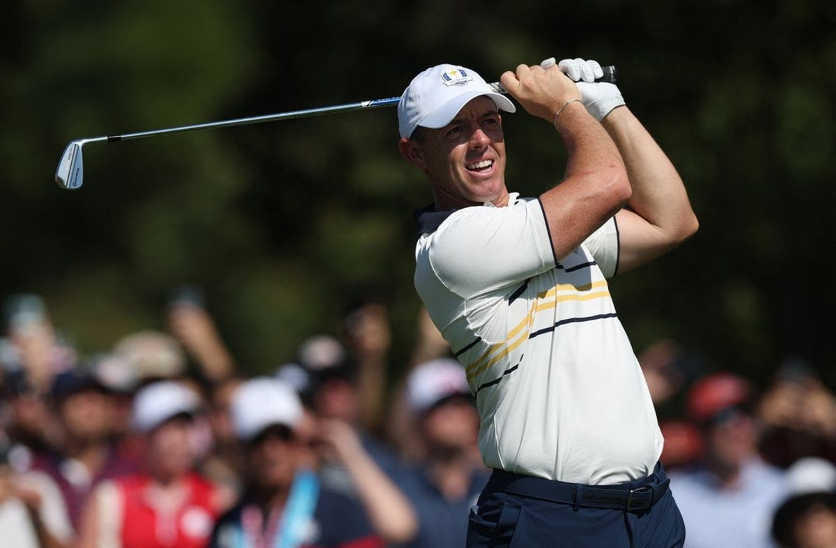 [US, Mexico & Canada customers only] Sep 28, 2025; Bethpage, New York, USA; Team Europe's Rory McIlroy hits his tee shot on the 3rd hole during the singles on the final day of competition for the Ryder Cup at Bethpage Black. Mandatory Credit: Paul Childs-Reuters via Imagn Images