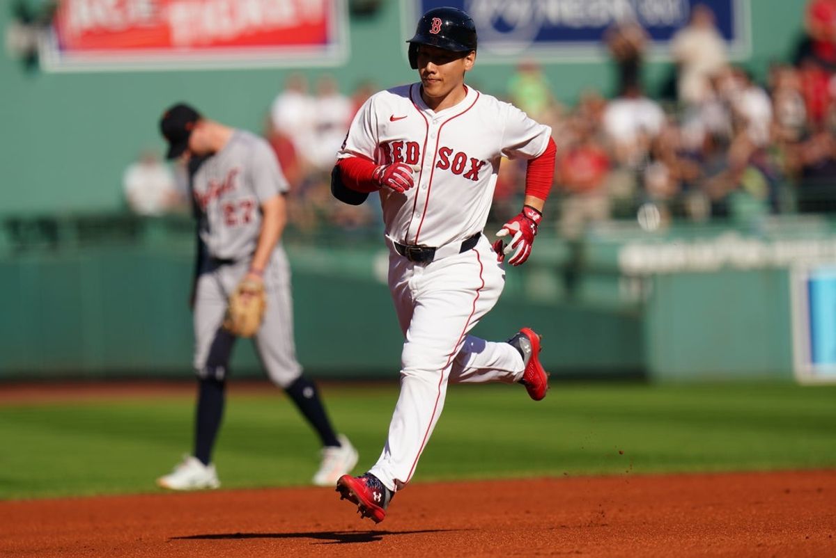 Sep 28, 2025; Boston, Massachusetts, USA; Boston Red Sox designated hitter Masataka Yoshida (7) hits a home run against tech Detroit Tigers in the first inning at Fenway Park. Mandatory Credit: David Butler II-Imagn Images