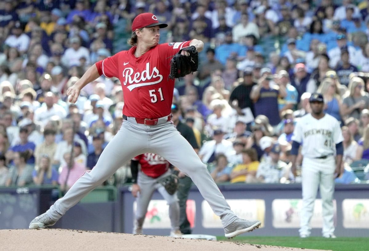 Cincinnati Reds pitcher Brady Singer (51) throws during the first inning of their game against the Milwaukee Brewers Sunday, September 28, 2025 at American Family Field in Milwaukee, Wisconsin.
