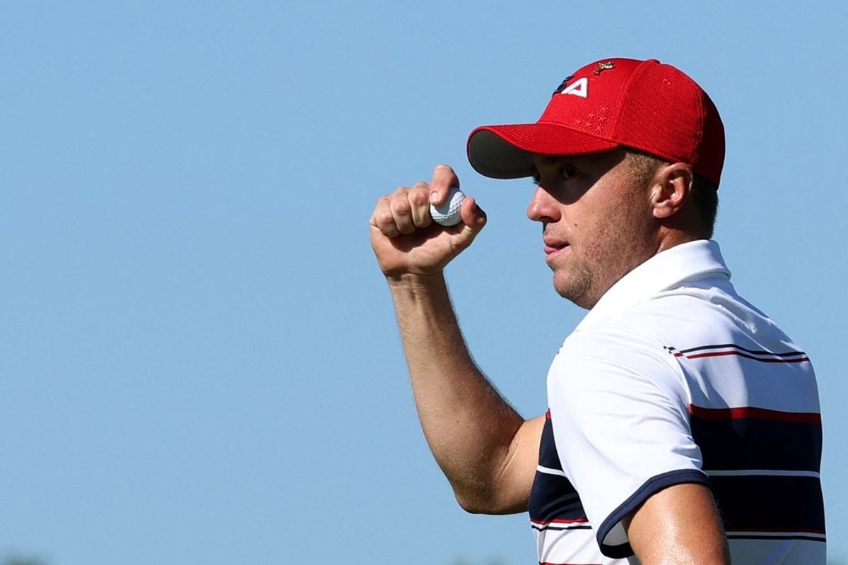 [US, Mexico & Canada customers only] Sep 28, 2025; Bethpage, New York, USA; Team USA's Justin Thomas celebrates after winning the hole on the 12th hole during the singles on the final day of competition for the Ryder Cup at Bethpage Black. Mandatory Credit: Brendan Mcdermid-Reuters via Imagn Images