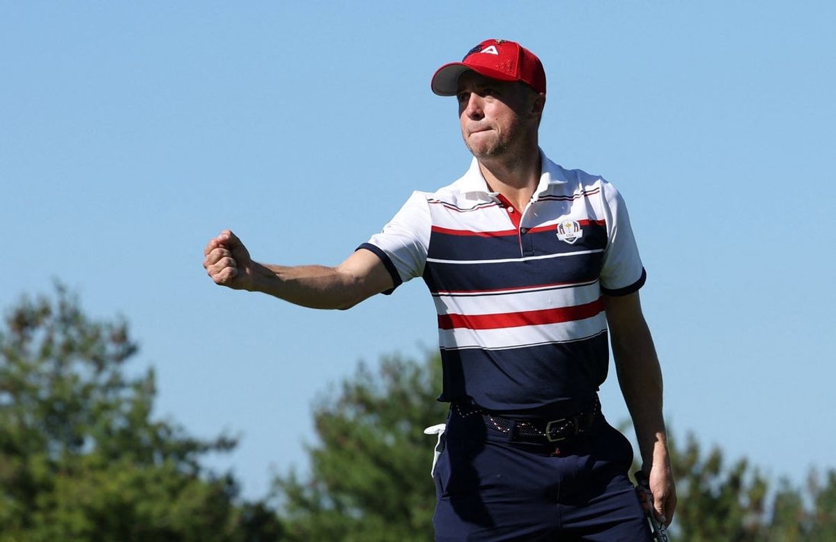 [US, Mexico & Canada customers only] Sep 28, 2025; Bethpage, New York, USA; Team USA's Justin Thomas celebrates after winning the hole on the 12th hole during the singles on the final day of competition for the Ryder Cup at Bethpage Black. Mandatory Credit: Brendan Mcdermid-Reuters via Imagn Images