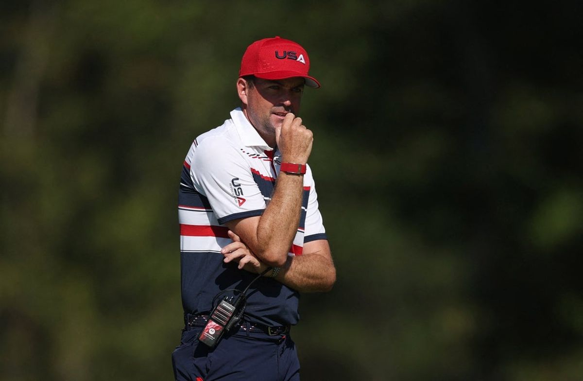 [US, Mexico & Canada customers only] Sep 28, 2025; Bethpage, New York, USA; Team USA captain Keegan Bradley on the 9th hole during the singles on the final day of competition for the Ryder Cup at Bethpage Black. Mandatory Credit: Paul Childs-Reuters via Imagn Images