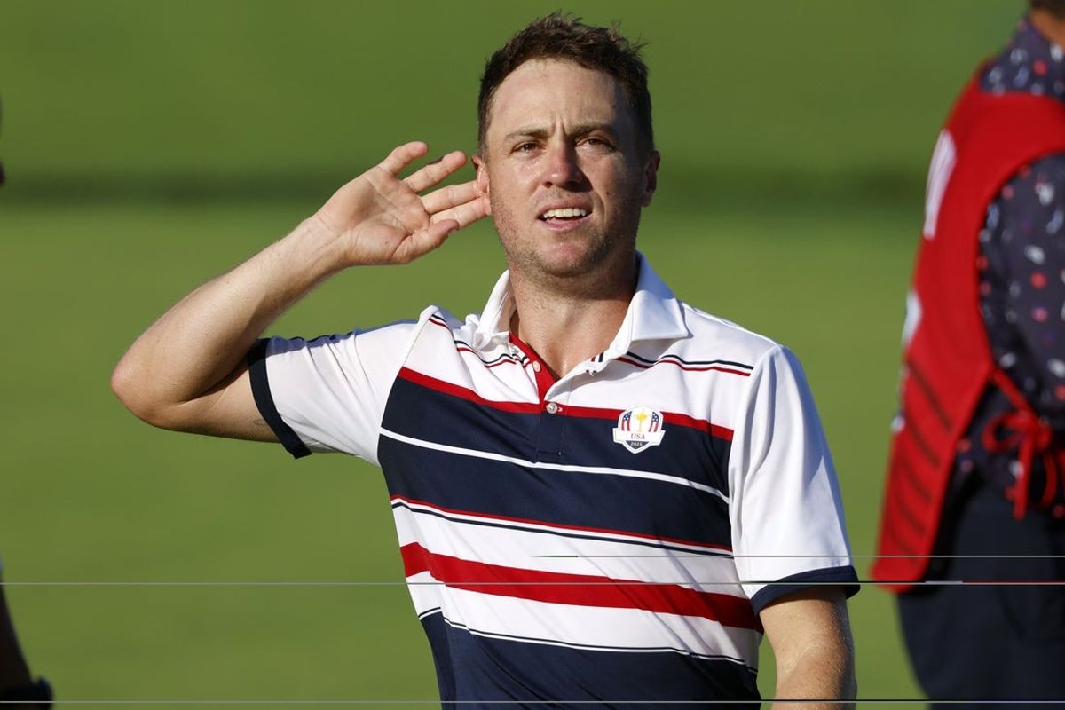 Sep 28, 2025; Bethpage, New York, USA; Team USA golfer Justin Thomas reacts after the 18th hole on the final day of competition for the Ryder Cup at Bethpage Black. Mandatory Credit: Peter Casey-Imagn Images
