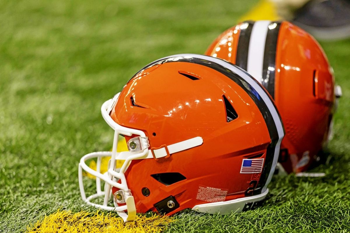 Sep 28, 2025; Detroit, Michigan, USA; A general view of the Cleveland Browns helmets on the field before the game against the Detroit Lions at Ford Field. Mandatory Credit: David Reginek-Imagn Images