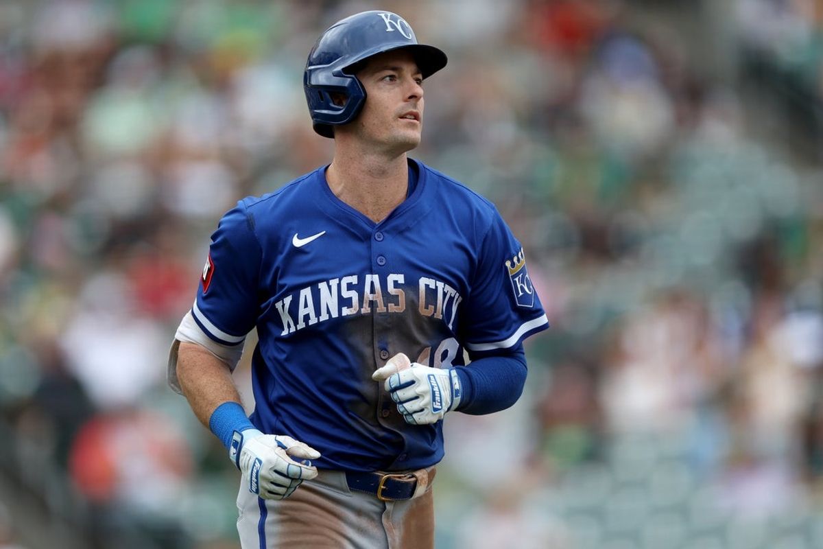 Sep 28, 2025; West Sacramento, California, USA; Kansas City Royals right fielder Mike Yastrzemski (13) jogs around the bases after hitting a solo home run against the Athletics during the seventh inning at Sutter Health Park. Mandatory Credit: Dennis Lee-Imagn Images