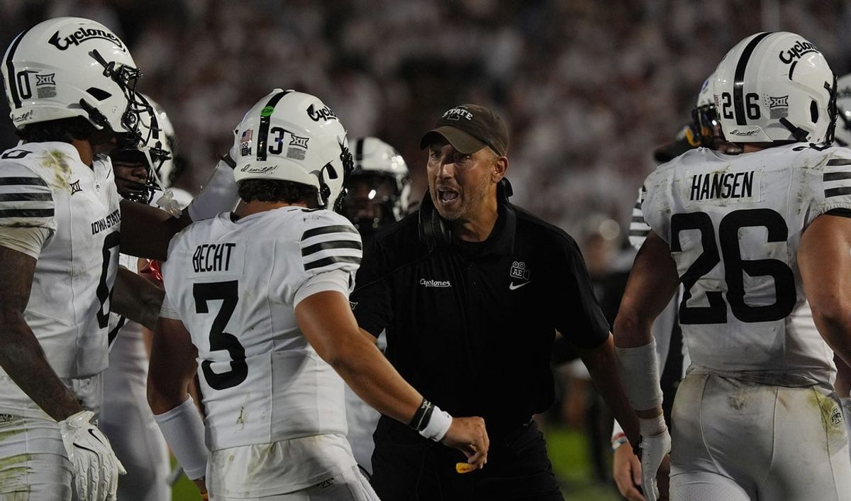 Iowa State Cyclones football head coach Matt Campbell celebrates with team after scoring a touchdown against Arizona during the third quarter in the Big-12 conference showdown on Sept. 27, 2025, at Jack Trice Stadium in Ames, Iowa.