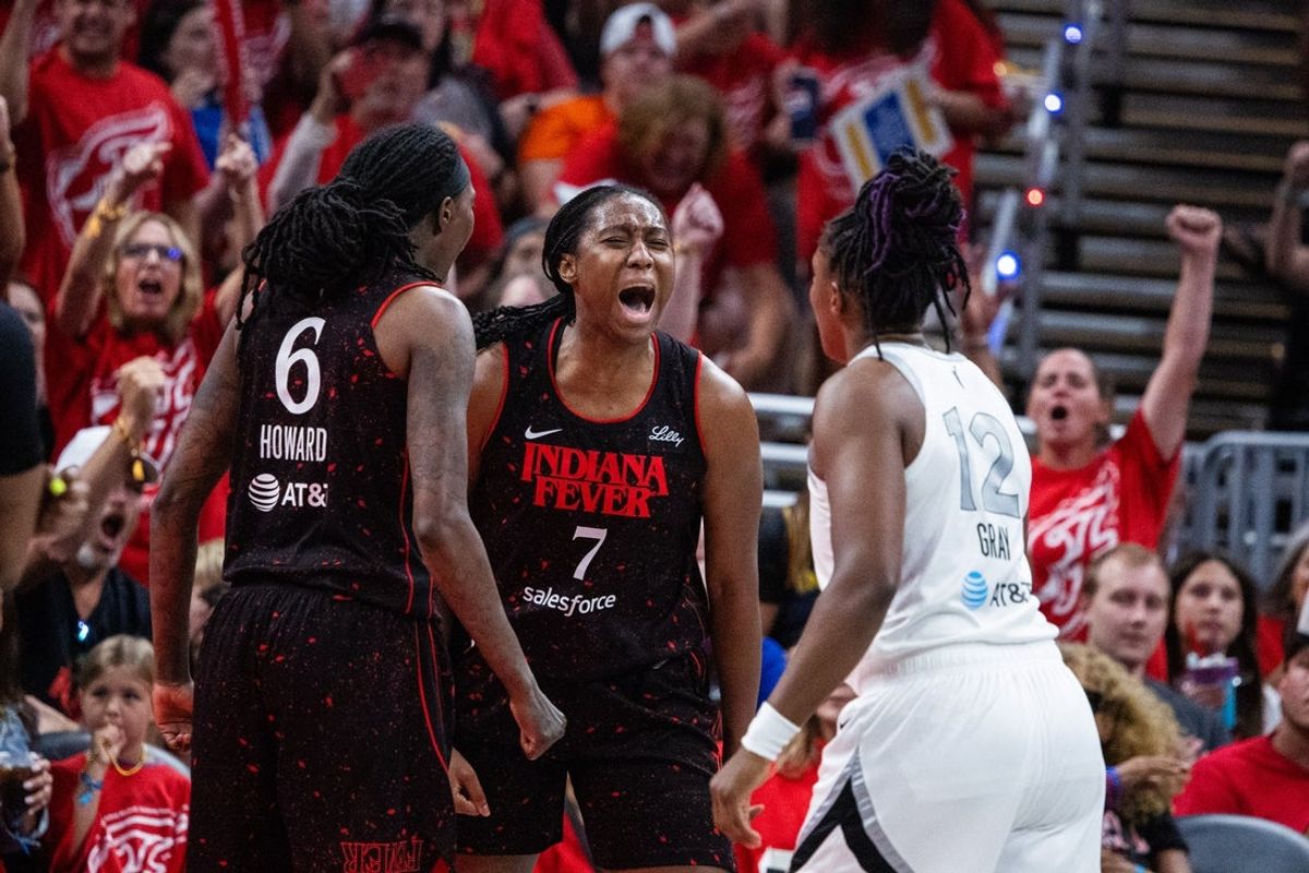Sep 28, 2025; Indianapolis, Indiana, USA; Indiana Fever forward Aliyah Boston (7) celebrates a made basket in the second half during game four against the Las Vegas Aces of the second round for the 2025 WNBA Playoffs at Gainbridge Fieldhouse. Mandatory Credit: Trevor Ruszkowski-Imagn Images