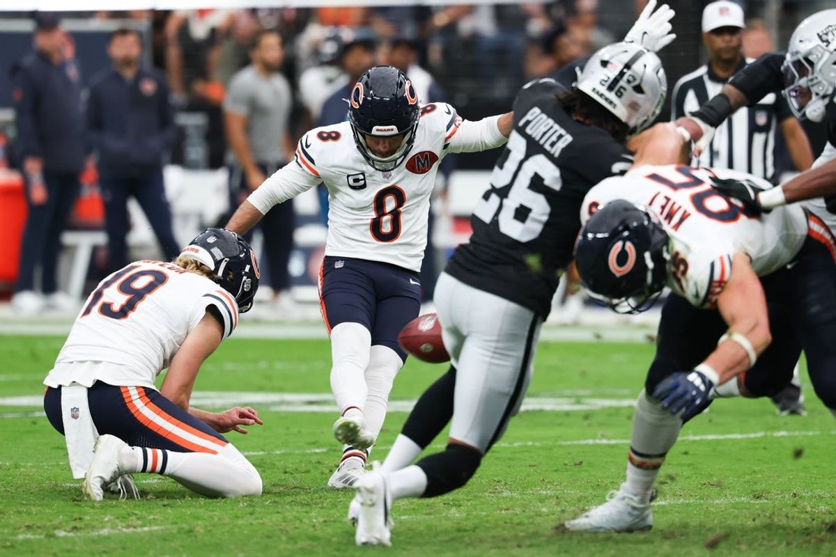 Sep 28, 2025; Paradise, Nevada, USA; Chicago Bears kicker Cairo Santos (8) kicks a field goal during the second quarter against the Las Vegas Raiders at Allegiant Stadium. Mandatory Credit: Kiyoshi Mio-Imagn Images
