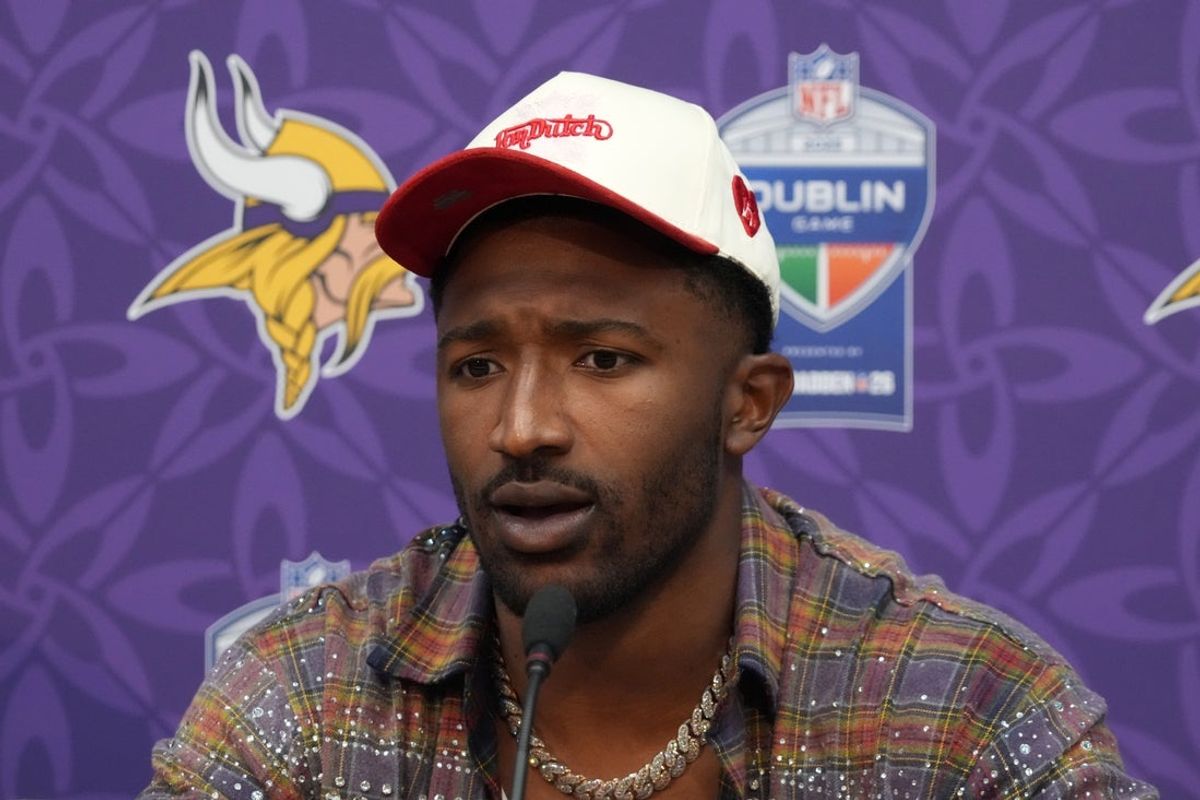 Sep 28, 2025; Dublin, Ireland; Minnesota Vikings linebacker Jonathan Greenard (58) at press conference after an NFL International Series game against the Pittsburgh Steelers at Croke Park. Mandatory Credit: Kirby Lee-Imagn Images