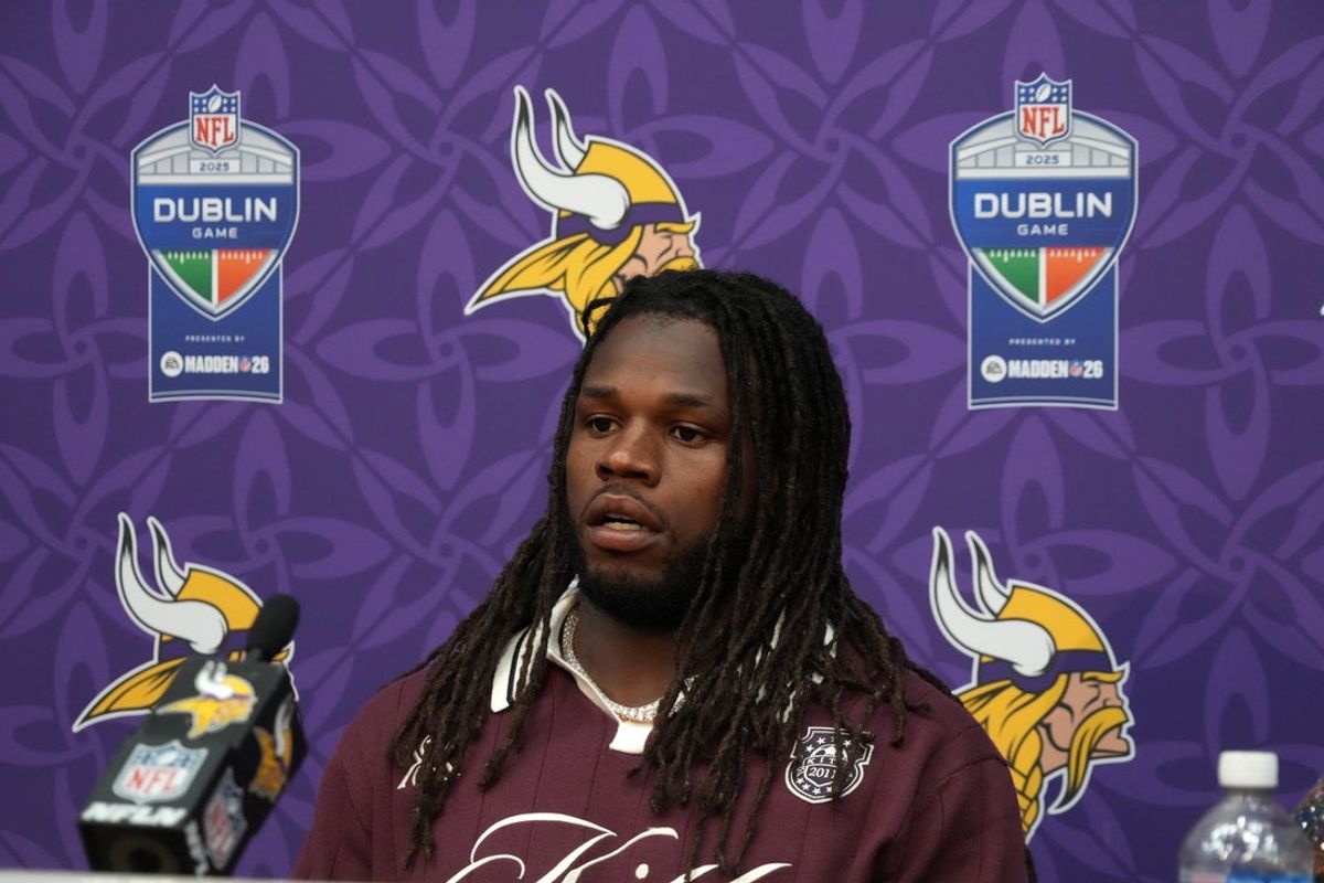 Sep 28, 2025; Dublin, Ireland; Minnesota Vikings safety Josh Metellus (44) at press conference after an NFL International Series game against the Pittsburgh Steelers at Croke Park. Mandatory Credit: Kirby Lee-Imagn Images