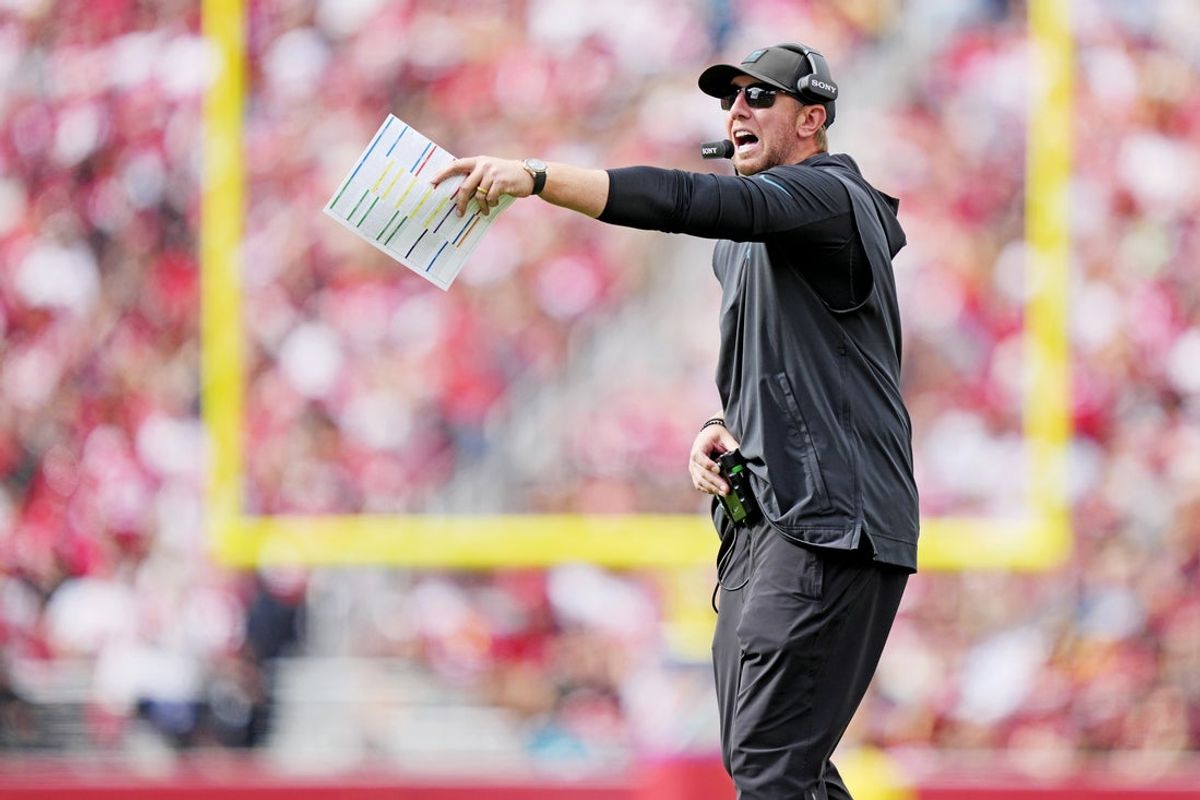 Sep 28, 2025; Santa Clara, California, USA; Jacksonville Jaguars head coach Liam Coen reacts from the sidelines during the second half against the San Francisco 49ers at Levi's Stadium. Mandatory Credit: Kyle Terada-Imagn Images