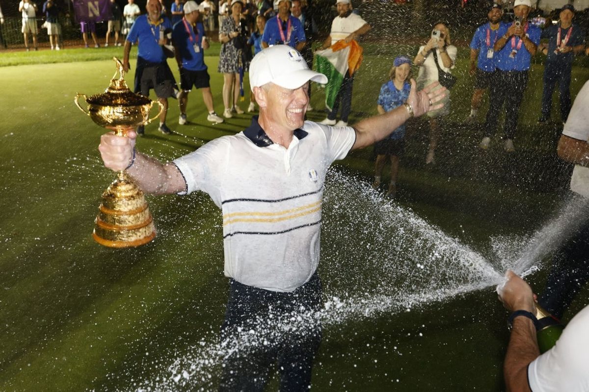 Sep 28, 2025; Bethpage, New York, USA; Team Europe captain Luke Donald reacts after defeating Team USA on the final day of competition for the Ryder Cup at Bethpage Black. Mandatory Credit: Peter Casey-Imagn Images