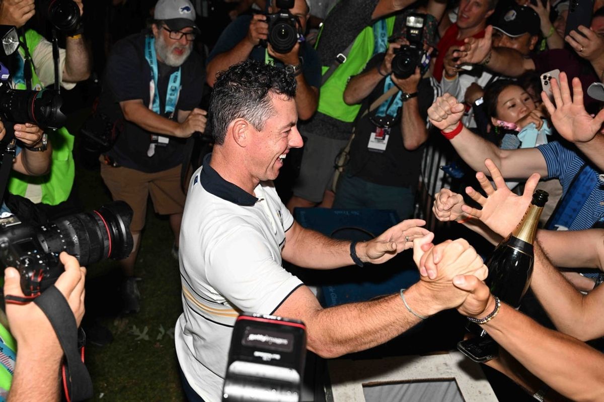 Sep 28, 2025; Bethpage, New York, USA; Rory McIlroy celebrates with the crowd after winning the Ryder Cup the Ryder Cup at Bethpage Black. Mandatory Credit: Dennis Schneidler-Imagn Images