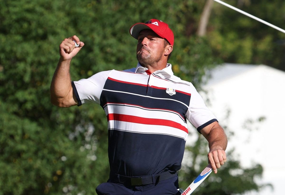 [US, Mexico & Canada customers only] Sep 28, 2025; Bethpage, New York, USA; Team USA's Bryson DeChambeau celebrates after winning the hole on the 15th hole during the singles on the final day of competition for the Ryder Cup at Bethpage Black. Mandatory Credit: Brendan Mcdermid-Reuters via Imagn Images