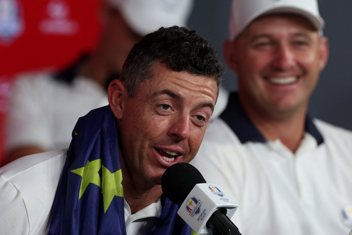 [US, Mexico & Canada customers only] Sep 28, 2025; Bethpage, New York, USA; Team Europe's Rory McIlroy during a press conference after winning the Ryder Cup on the final day of competition for the Ryder Cup at Bethpage Black. Mandatory Credit: Paul Childs-Reuters via Imagn Images
