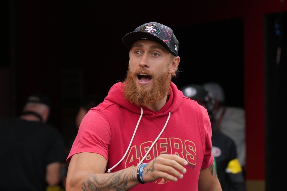 Sep 28, 2025; Santa Clara, California, USA; San Francisco 49ers tight end George Kittle (85) before the game against the Jacksonville Jaguars at Levi's Stadium. Mandatory Credit: Darren Yamashita-Imagn Images