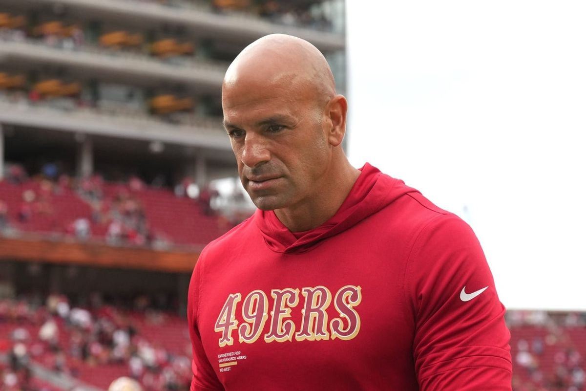 Sep 28, 2025; Santa Clara, California, USA; San Francisco 49ers defensive coordinator Robert Saleh walks off of the field after the game against the Jacksonville Jaguars at Levi's Stadium. Mandatory Credit: Darren Yamashita-Imagn Images
